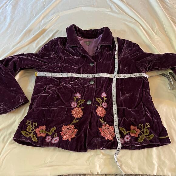 J Jill Purple Velvet Floral Embroidered Button Down Blazer Jacket Sz L - Picture 9 of 9